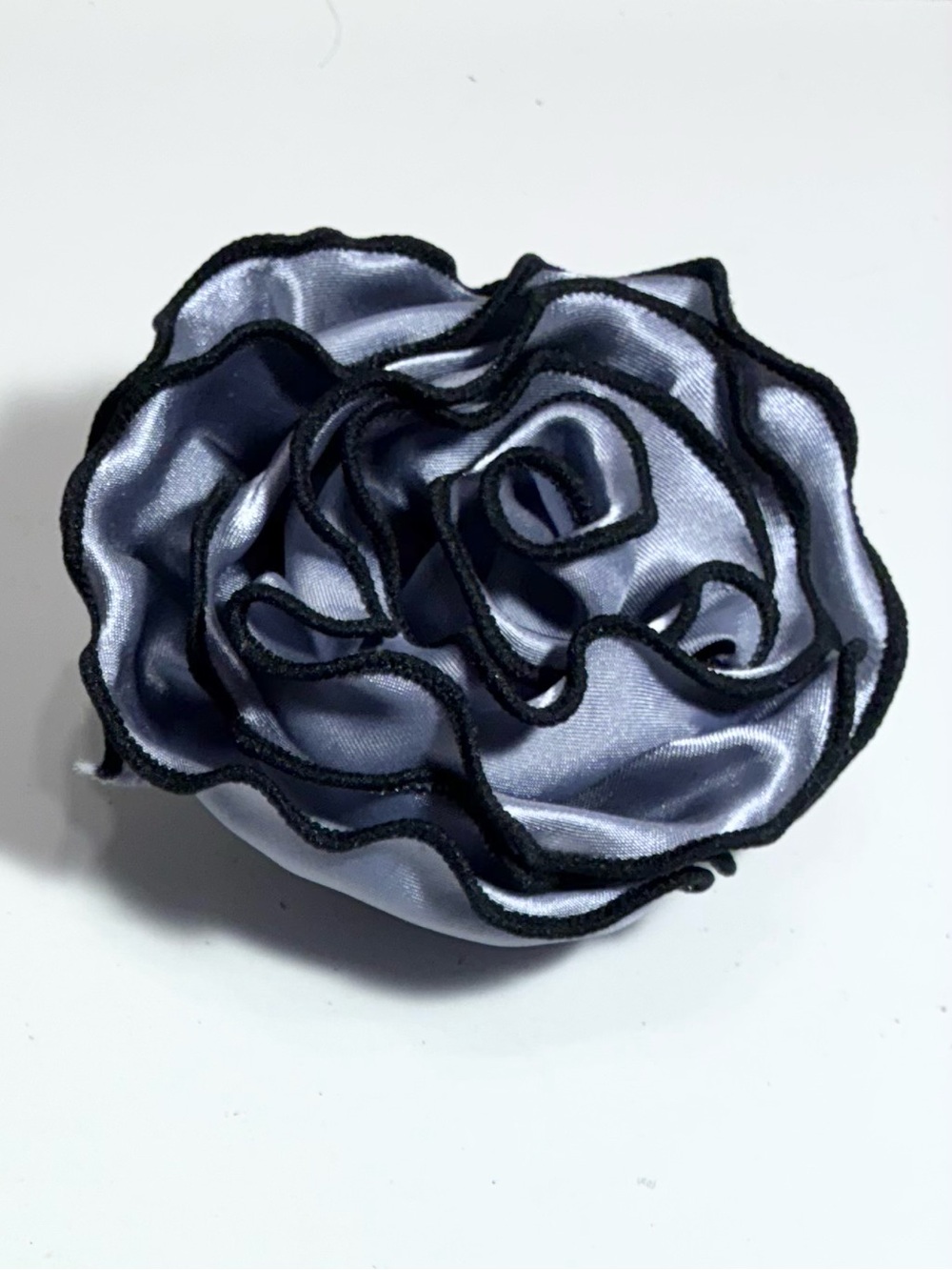 Gray Satin Floral Rosette Hair Clip Brooch Pin Statement Flower Black Trim 4.25”